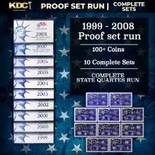 1999-2008 Proof Set Run - 109 Coins, Full 50 State Quarters Run 10 Complete Sets