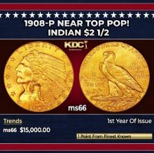 1908-p Gold Indian Quarter Eagle Near Top Pop! $2 1/2 ms66 USCG