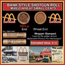 Lincoln Wheat Cent 1c Mixed Roll Orig Brandt McDonalds Wrapper, 1911-p end, Wheat other end
