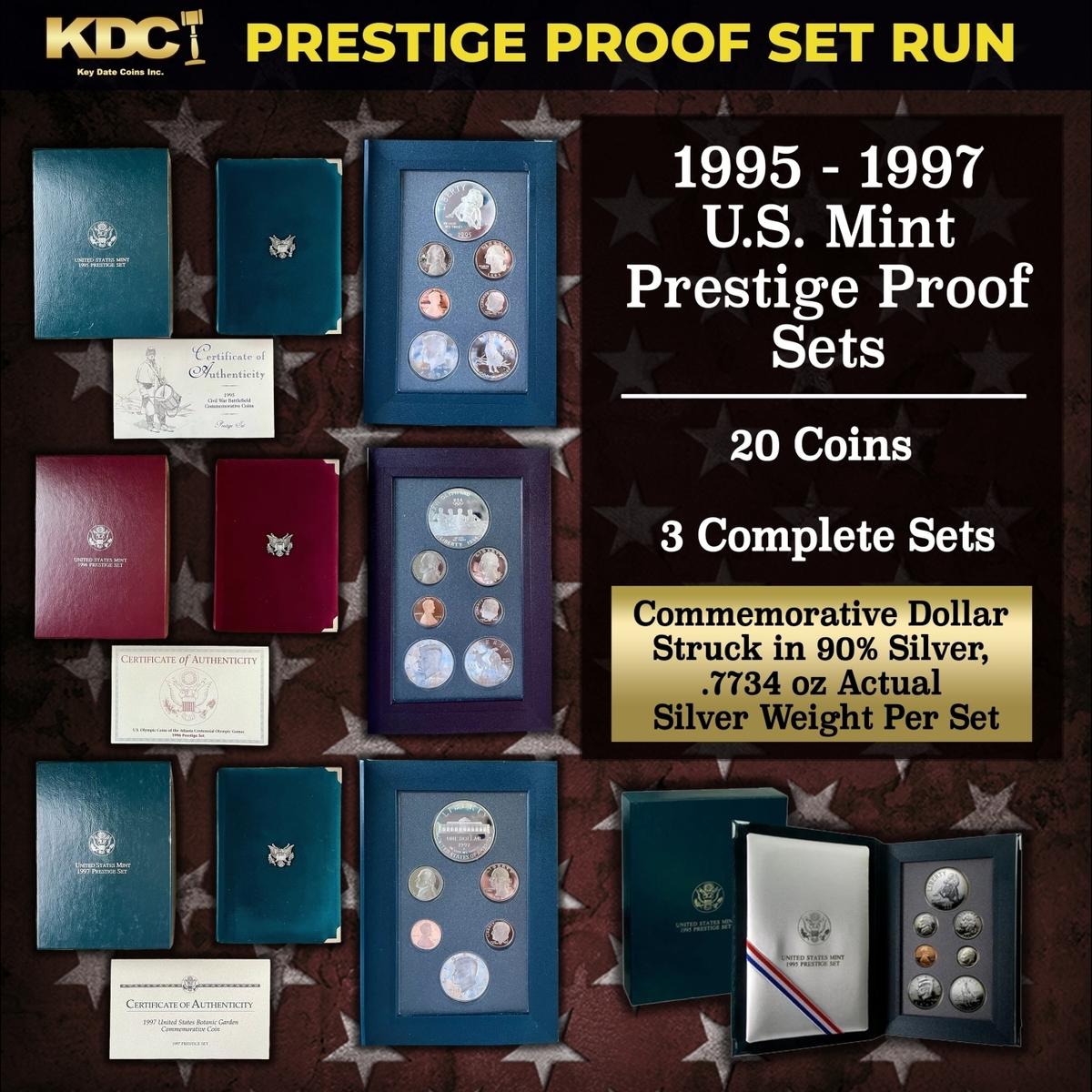 1995-1997 3 Set KEY DATE Prestige Proof Set Run US Mint Prestige Proof Sets - 20 Coins, 3 Complete S