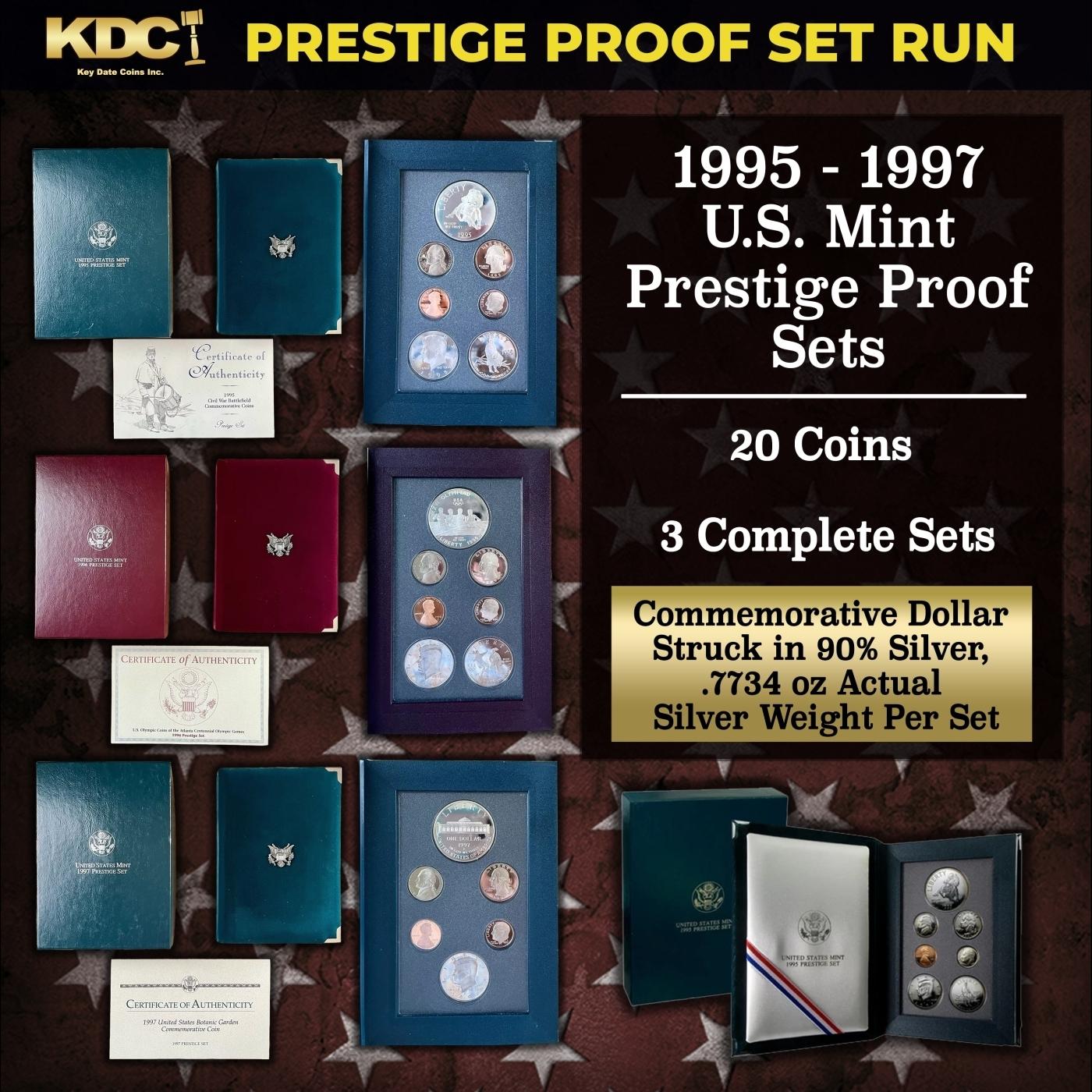 1995-1997 3 Set KEY DATE Prestige Proof Set Run US Mint Prestige Proof Sets - 20 Coins, 3 Complete S
