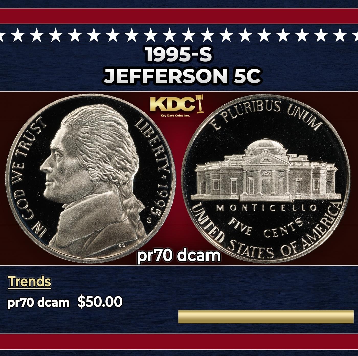 1995-s Proof Jefferson Nickel 5c pr70 dcam SEGS