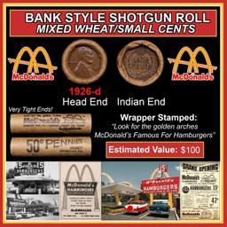 Lincoln Wheat Cent 1c Mixed Roll Orig Brandt McDonalds Wrapper, 1926-d end, Indian other end