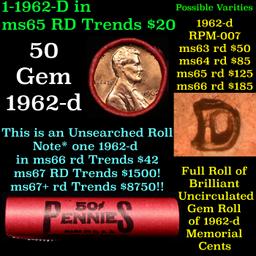BU Shotgun Lincoln 1c roll, 1962-d 50 pcs Bank Wrapper 50c