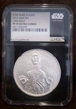 NGC NGC 2016 Star Wars Classic Han Solo 1oz Silver $2 Australlian Tuvalu Proof pr70 dcam NGC Other T
