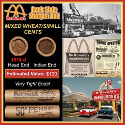 Lincoln Wheat Cent 1c Mixed Roll Orig Brandt McDonalds Wrapper, 1918-d end, Indian other end