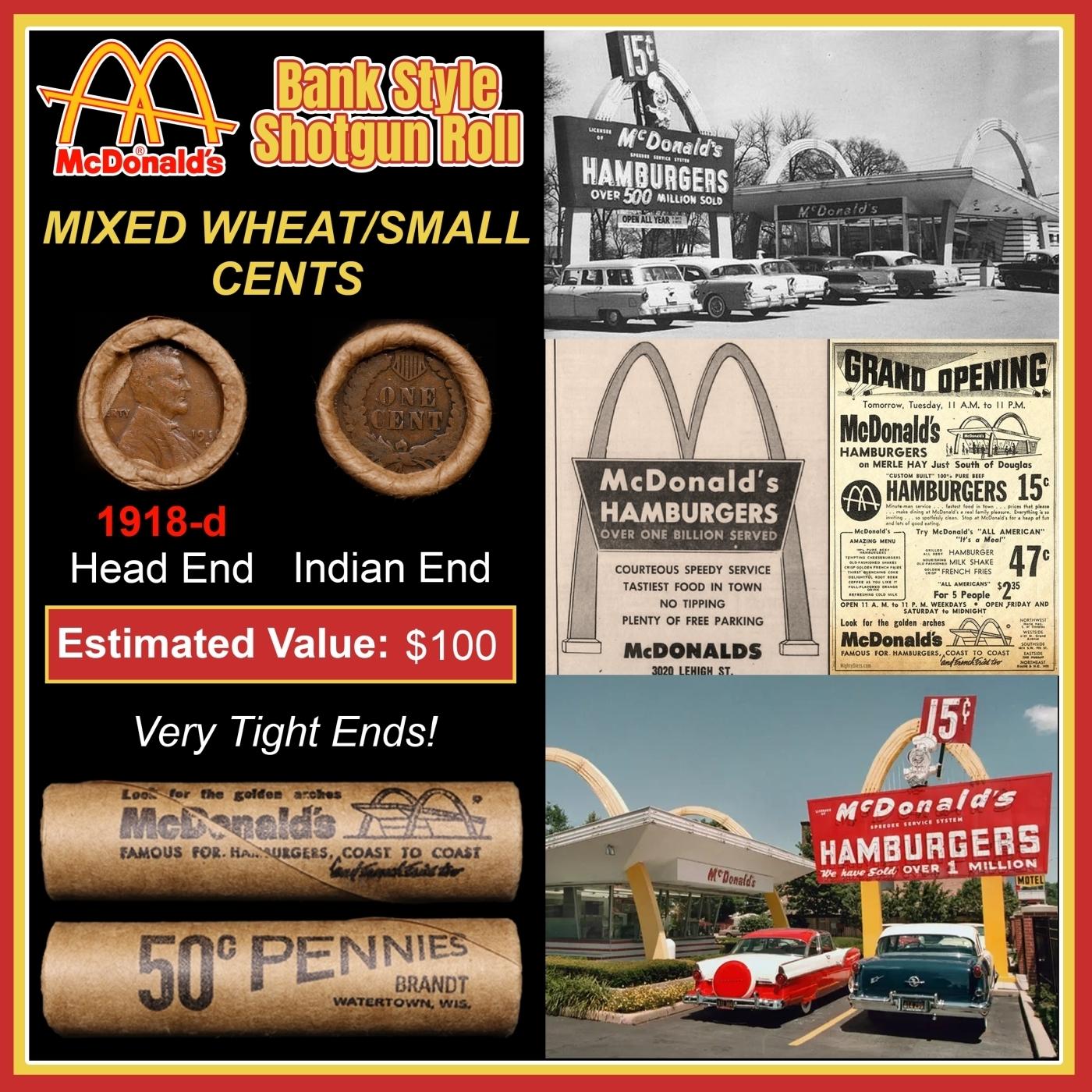 Lincoln Wheat Cent 1c Mixed Roll Orig Brandt McDonalds Wrapper, 1918-d end, Indian other end