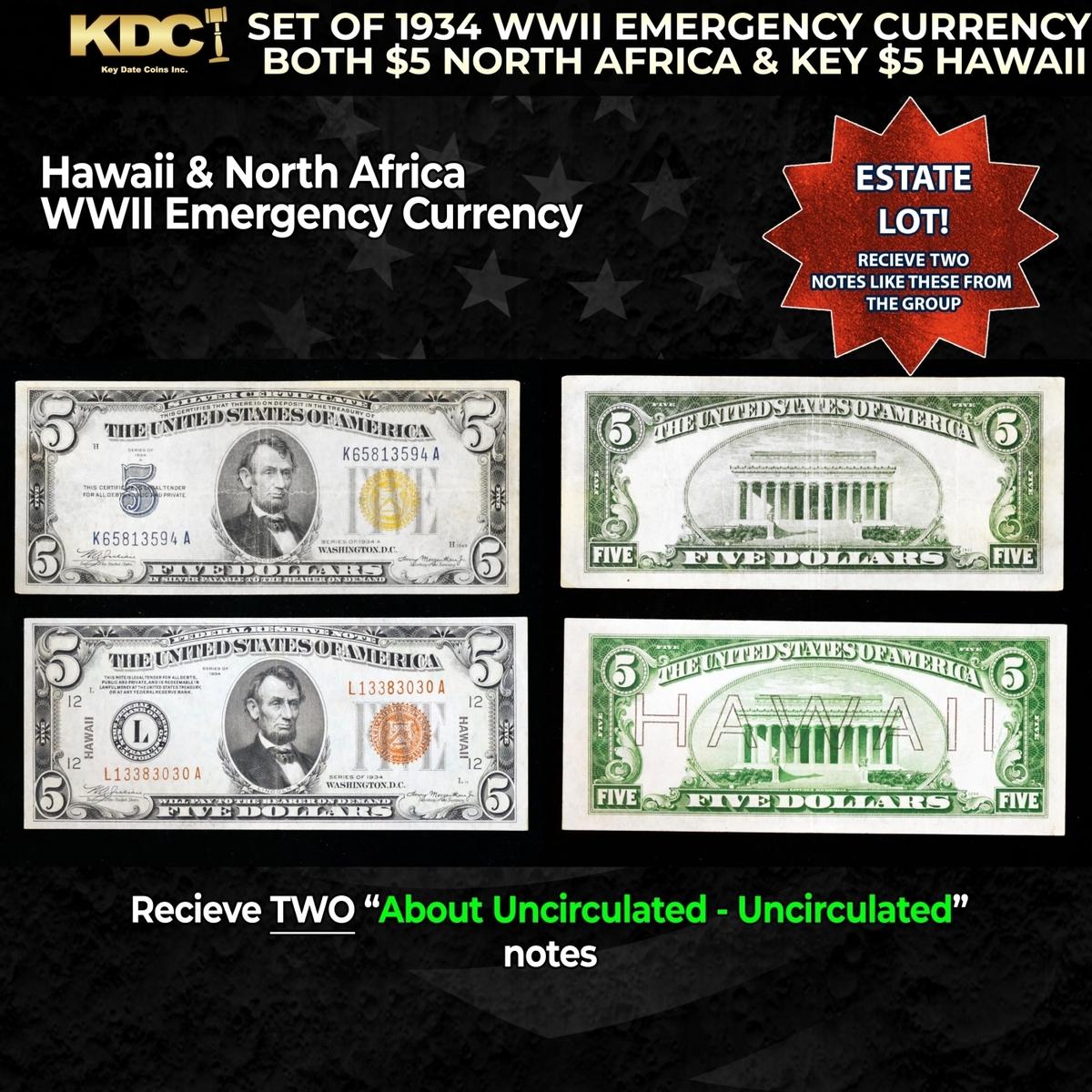 Set of 1934 WWII Emergency Currency Both $5 North Africa & KEY $5 Hawaii Grades AU/CU