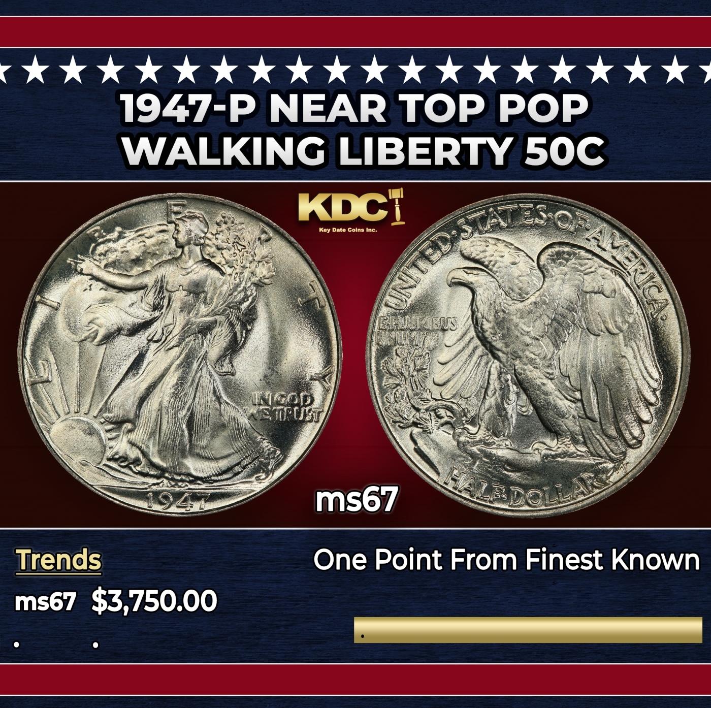 1947-p Walking Liberty Half Dollar Near Top Pop 50c ms67 SEGS