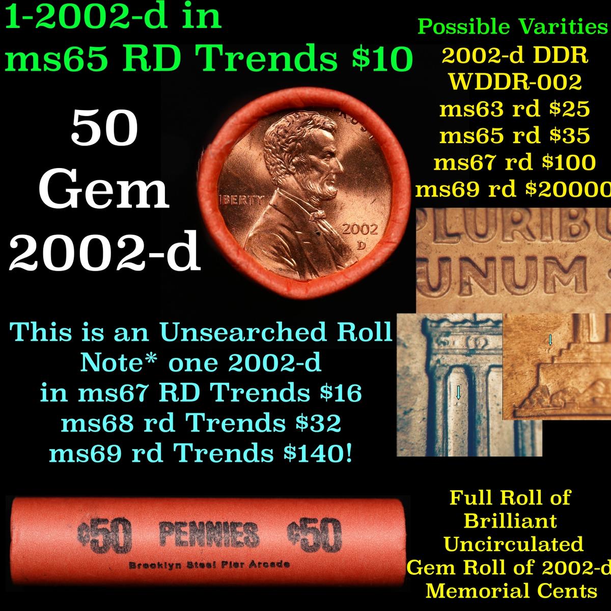 BU Shotgun Lincoln 1c roll, 2002-d 50 pcs Bank Wrapper 50c