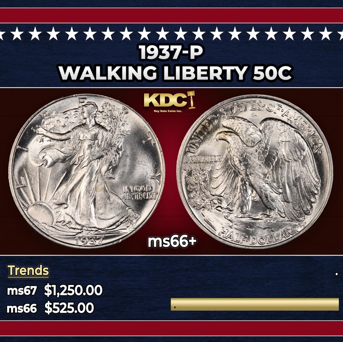 1937-p Walking Liberty Half Dollar 50c ms66+ SEGS
