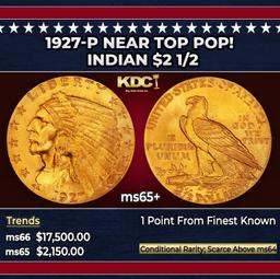 1927-p Gold Indian Quarter Eagle Near Top Pop! $2 1/2 ms65+ SEGS