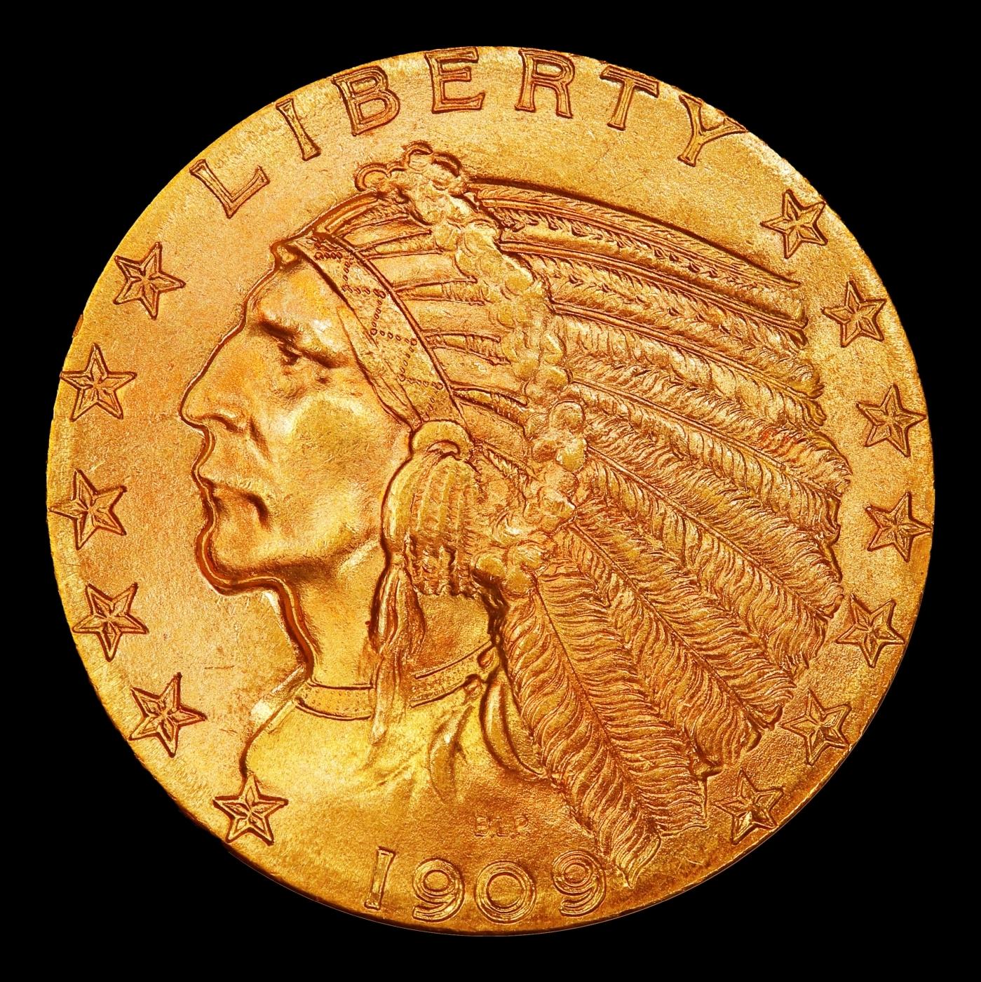 1909-p Gold Indian Half Eagle Near Top Pop! $5 ms66 USCG