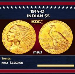 1914-d Gold Indian Half Eagle $5 ms63 USCG