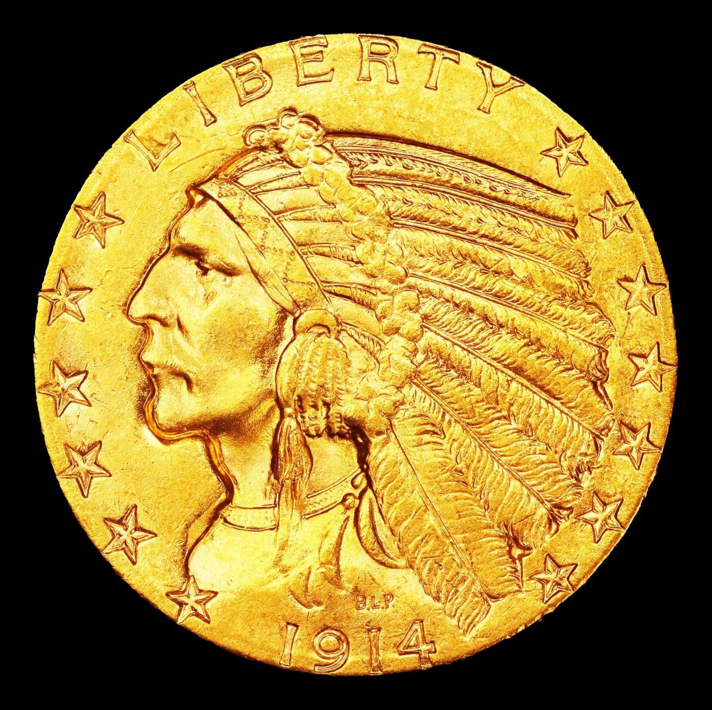 1914-d Gold Indian Half Eagle $5 ms63 USCG
