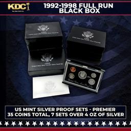 1992-1998 Full Run US Mint Premier Silver Proof Sets - 35 Coins Total, 7 Sets Over 4oz Of Pure Silve