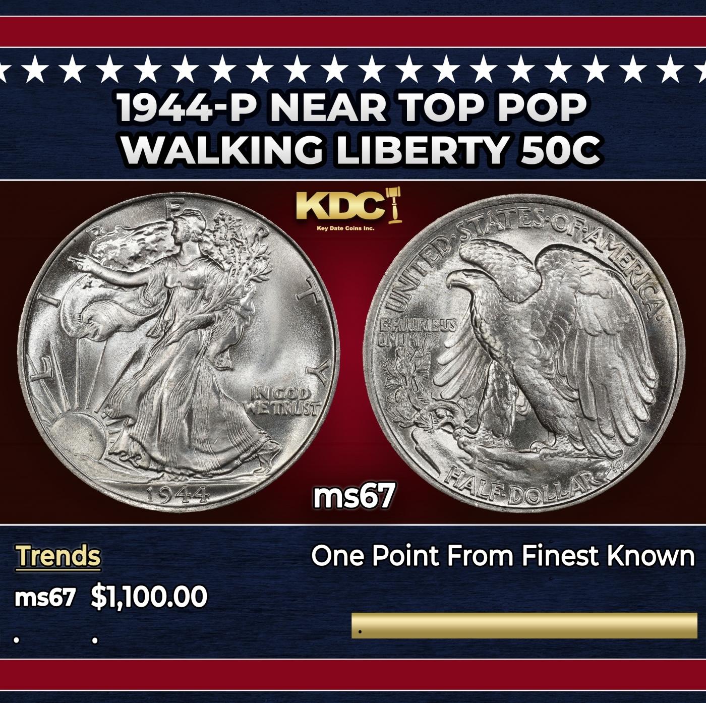 1944-p Walking Liberty Half Dollar Near Top Pop 50c ms67 SEGS