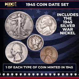 1945 5 Coin Date Set, 1 Of Each Type Of Coin Minted in 1945