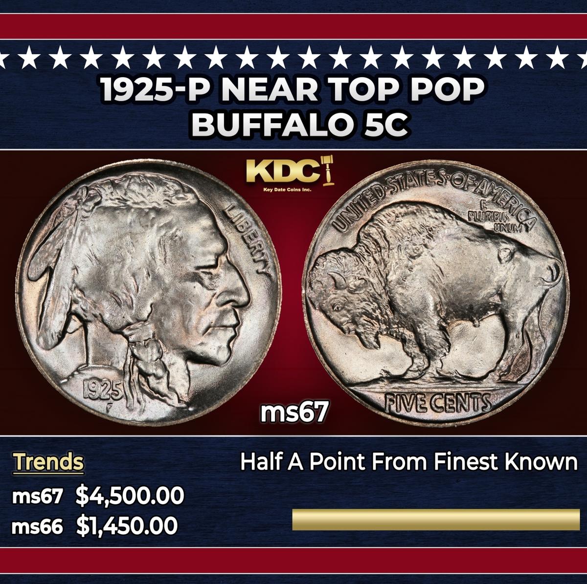 1925-p Buffalo Nickel Near Top Pop 5c ms67 SEGS