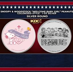 Snoopy & Woodstock "Welcome Baby Girl" Peanuts Colorized Style - 1 oz Silver Round Round
