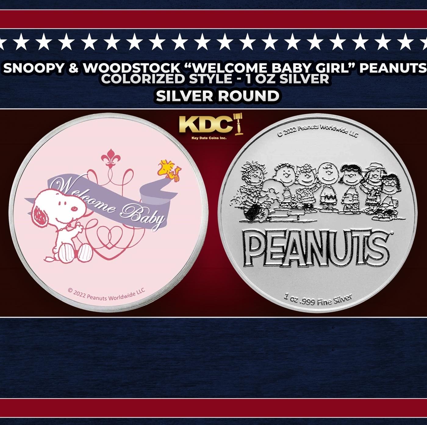 Snoopy & Woodstock "Welcome Baby Girl" Peanuts Colorized Style - 1 oz Silver Round Round