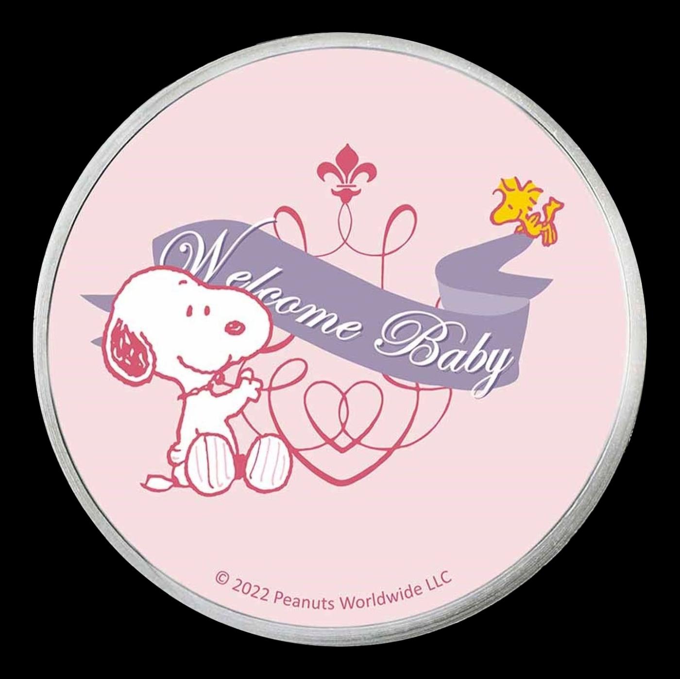 Snoopy & Woodstock "Welcome Baby Girl" Peanuts Colorized Style - 1 oz Silver Round Round
