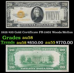 1928 $20 Gold Certificate FR-2402 Woods/Mellon Grades Choice AU/BU Slider