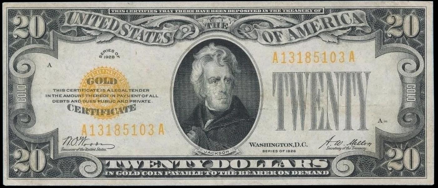 1928 $20 Gold Certificate FR-2402 Woods/Mellon Grades Choice AU/BU Slider