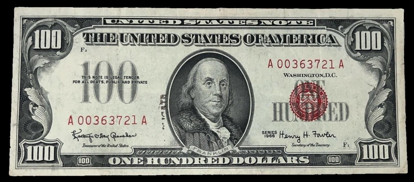 1966 $100 Red Seal United States Note Grades Select AU