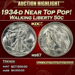 1934-d Walking Liberty Half Dollar Near Top Pop! 50c ms67 SEGS