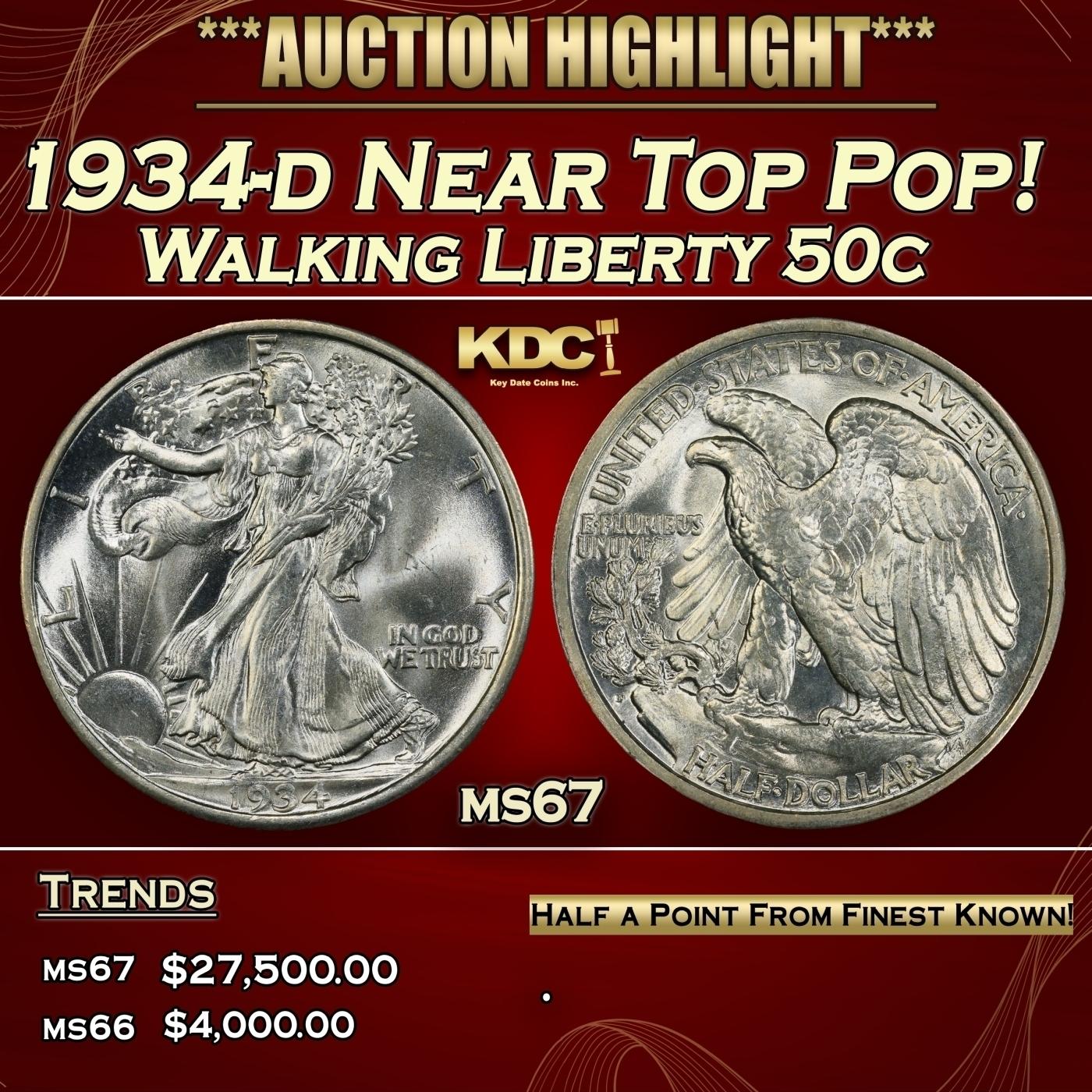 1934-d Walking Liberty Half Dollar Near Top Pop! 50c ms67 SEGS