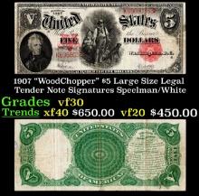 1907 $5 Large Size Legal Tender Note "WoodChopper" Grades vf++ Signatures Speelman/White
