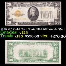 1928 $20 Gold Certificate FR-2402 Woods/Mellon Grades vf+