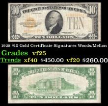 1928 $10 Gold Certificate Signatures Woods/Mellon Grades vf+