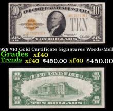 1928 $10 Gold Certificate Signatures Woods/Mellon Grades xf