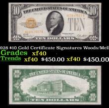 1928 $10 Gold Certificate Signatures Woods/Mellon Grades xf