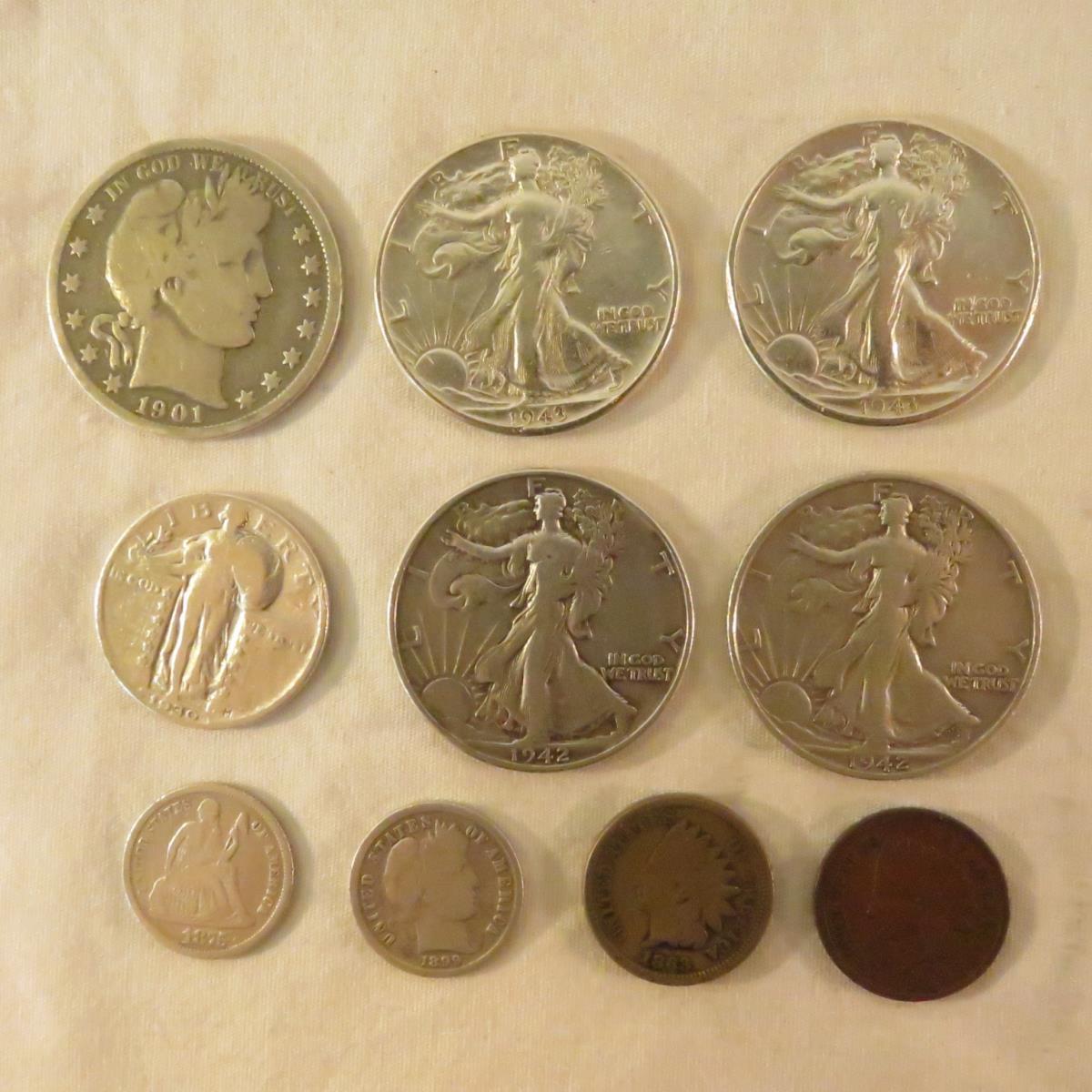 Mixed US Coins 1901 Barber 1/2, 1875 Seated Dime