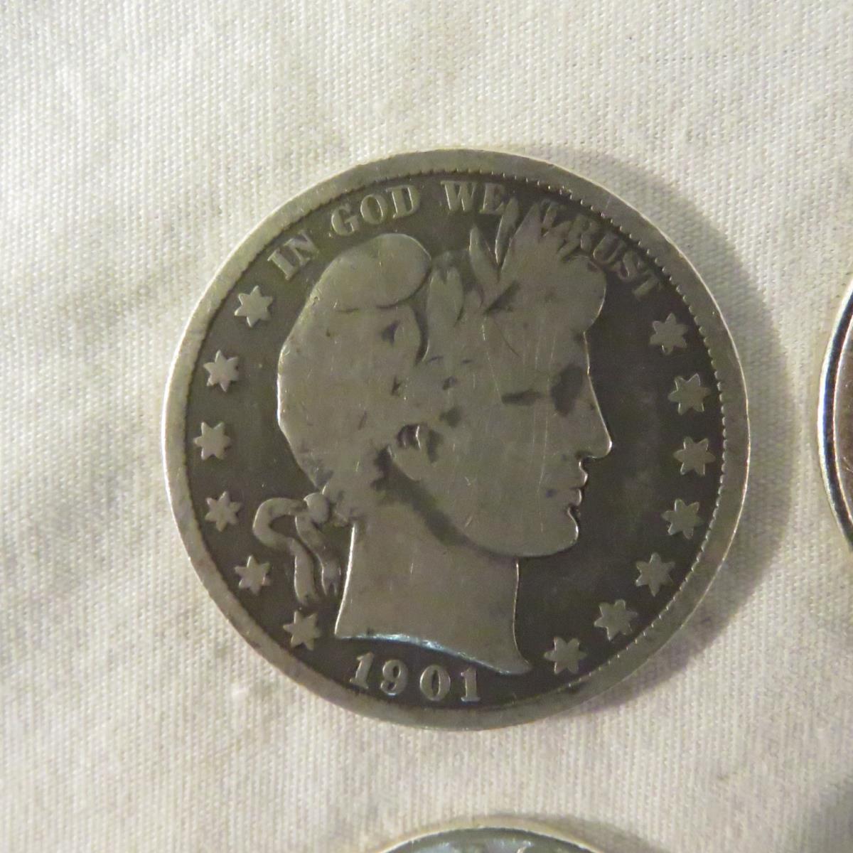 Mixed US Coins 1901 Barber 1/2, 1875 Seated Dime