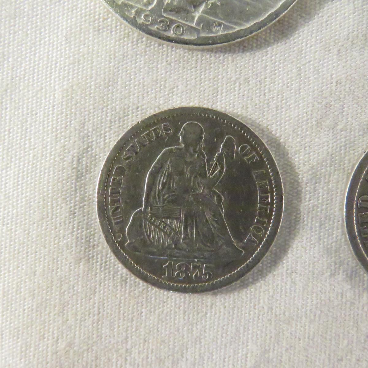 Mixed US Coins 1901 Barber 1/2, 1875 Seated Dime
