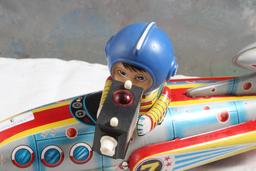 Tin Litho Battery Op Rocket Astronaut Toy 14" Long