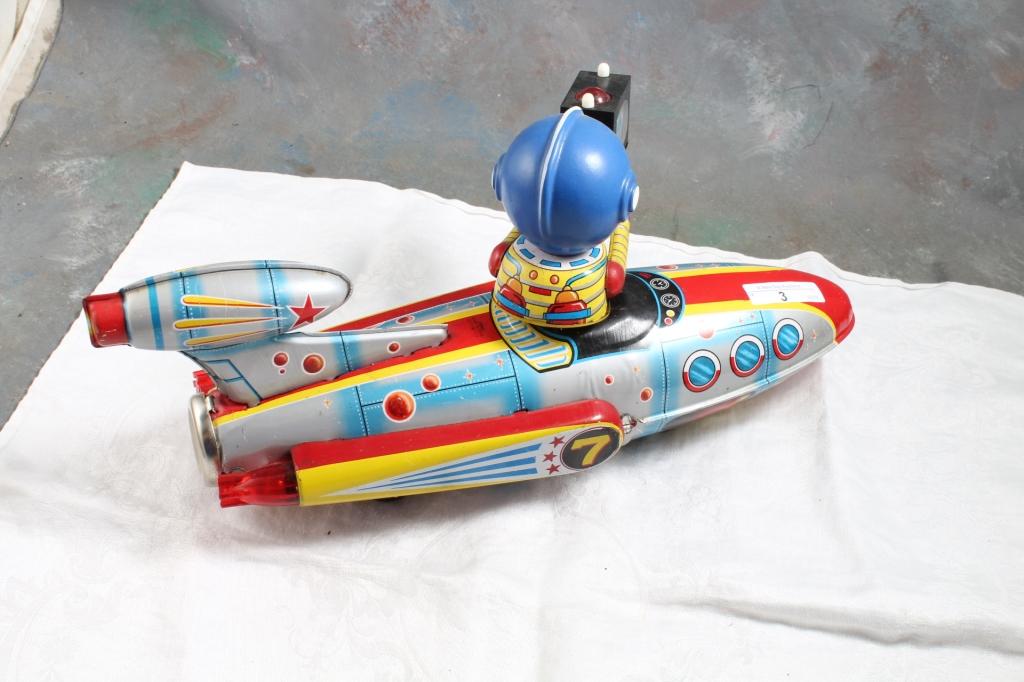 Tin Litho Battery Op Rocket Astronaut Toy 14" Long