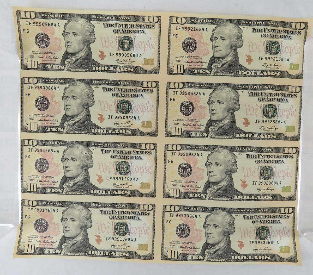 8 Uncut 2006 $10 Notes