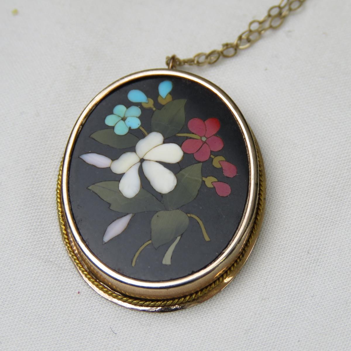 Antique Pietra Dura Pendant on 9K Gold Chain