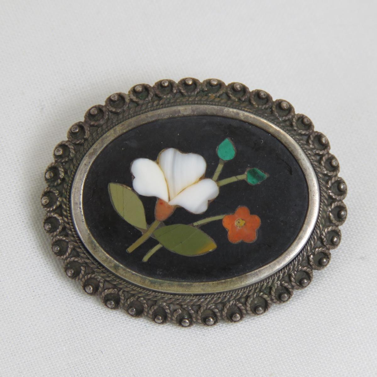 Antique Pietra Dura 800 Silver Brooch