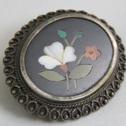 Antique Pietra Dura 800 Silver Brooch