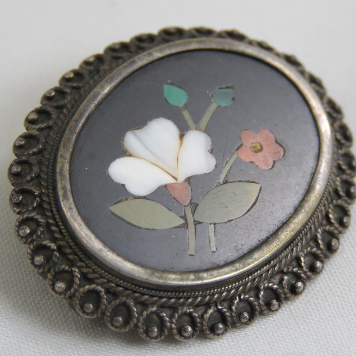 Antique Pietra Dura 800 Silver Brooch