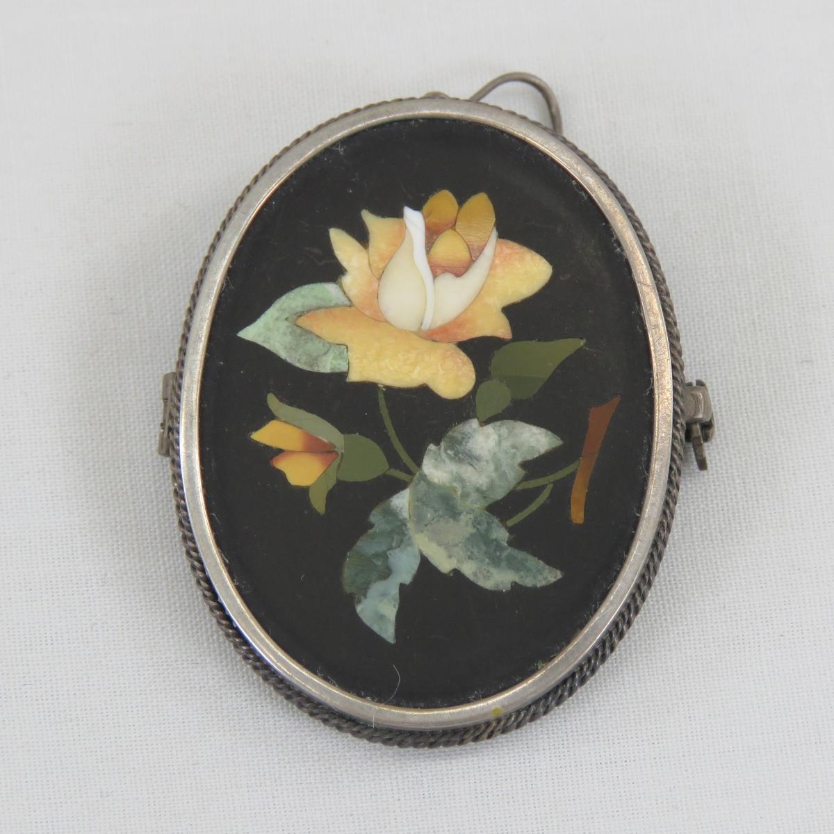 Antique Pietra Dura 800 Silver Brooch/Pendant