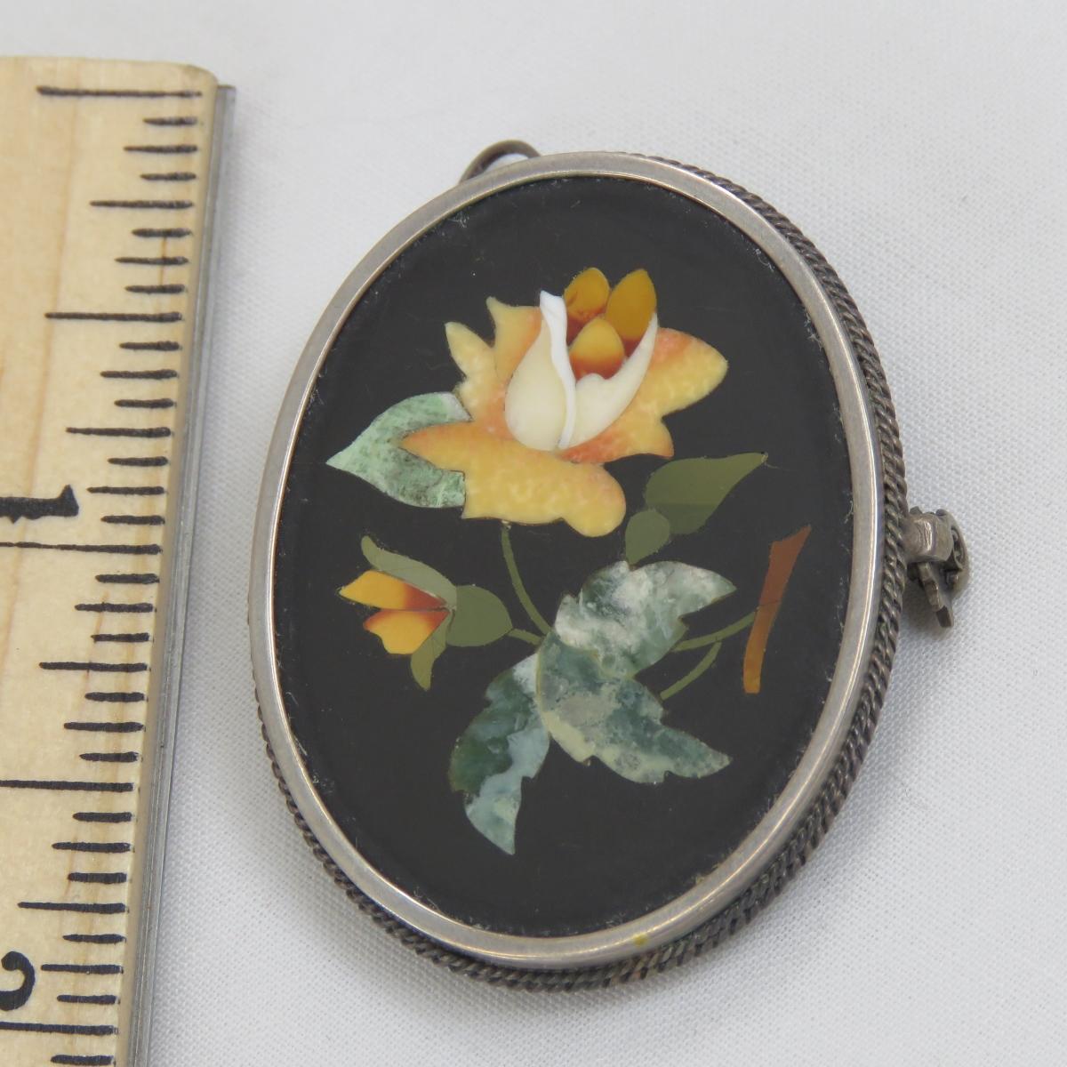 Antique Pietra Dura 800 Silver Brooch/Pendant