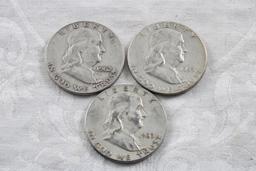 3 Franklin Half Dollars 1962D, 1953S & 1963
