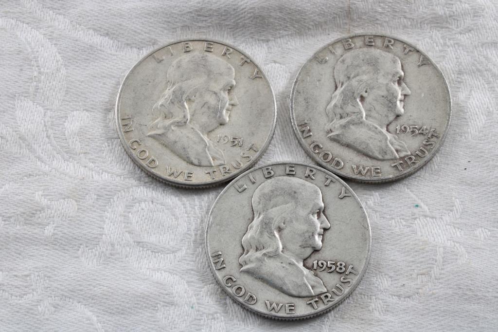 3 Franklin Half Dollars 1951S, 1954D & 1958D